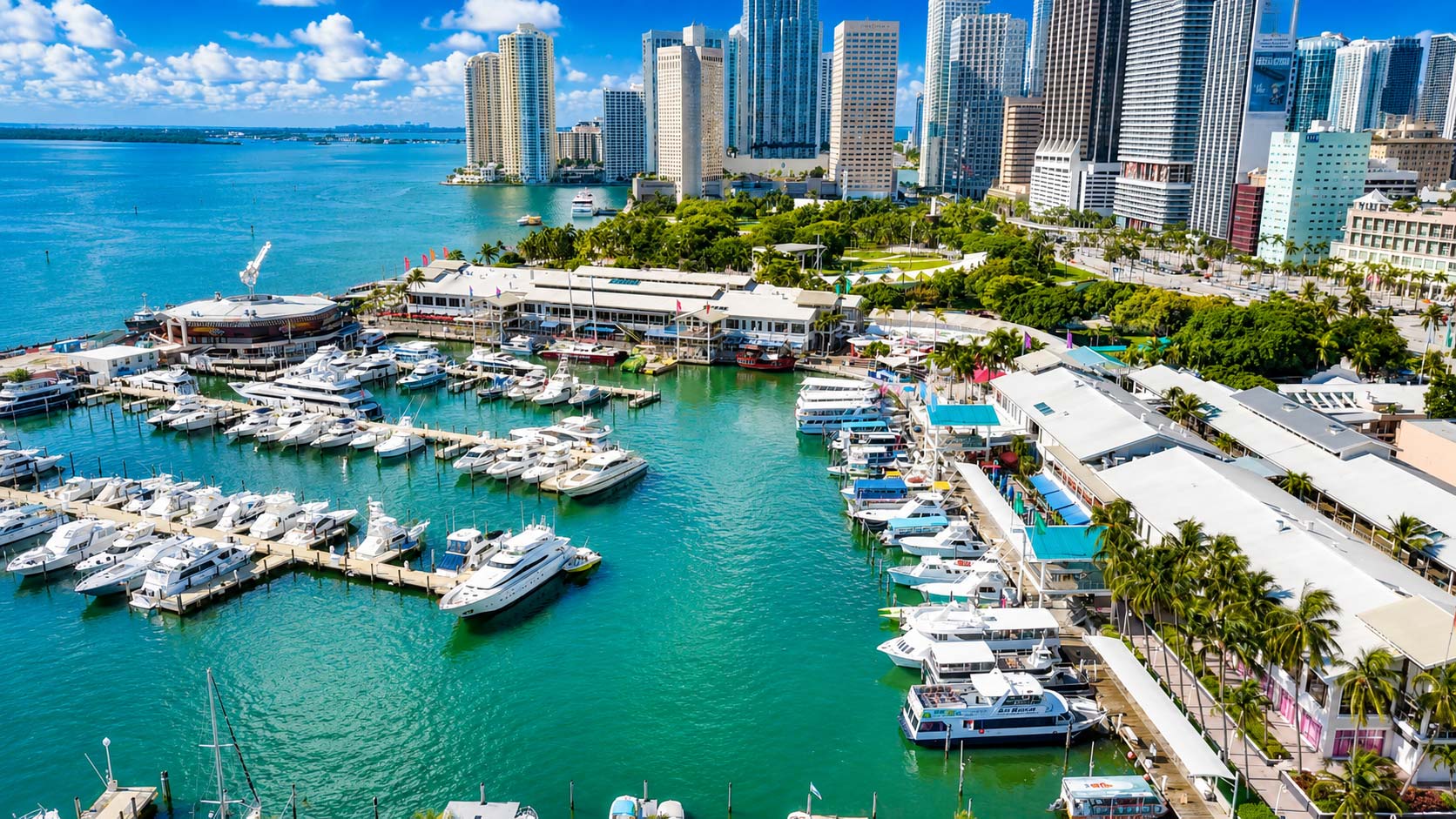 Aerial view of Bayside Marketplace marina, boats and downtown Miami