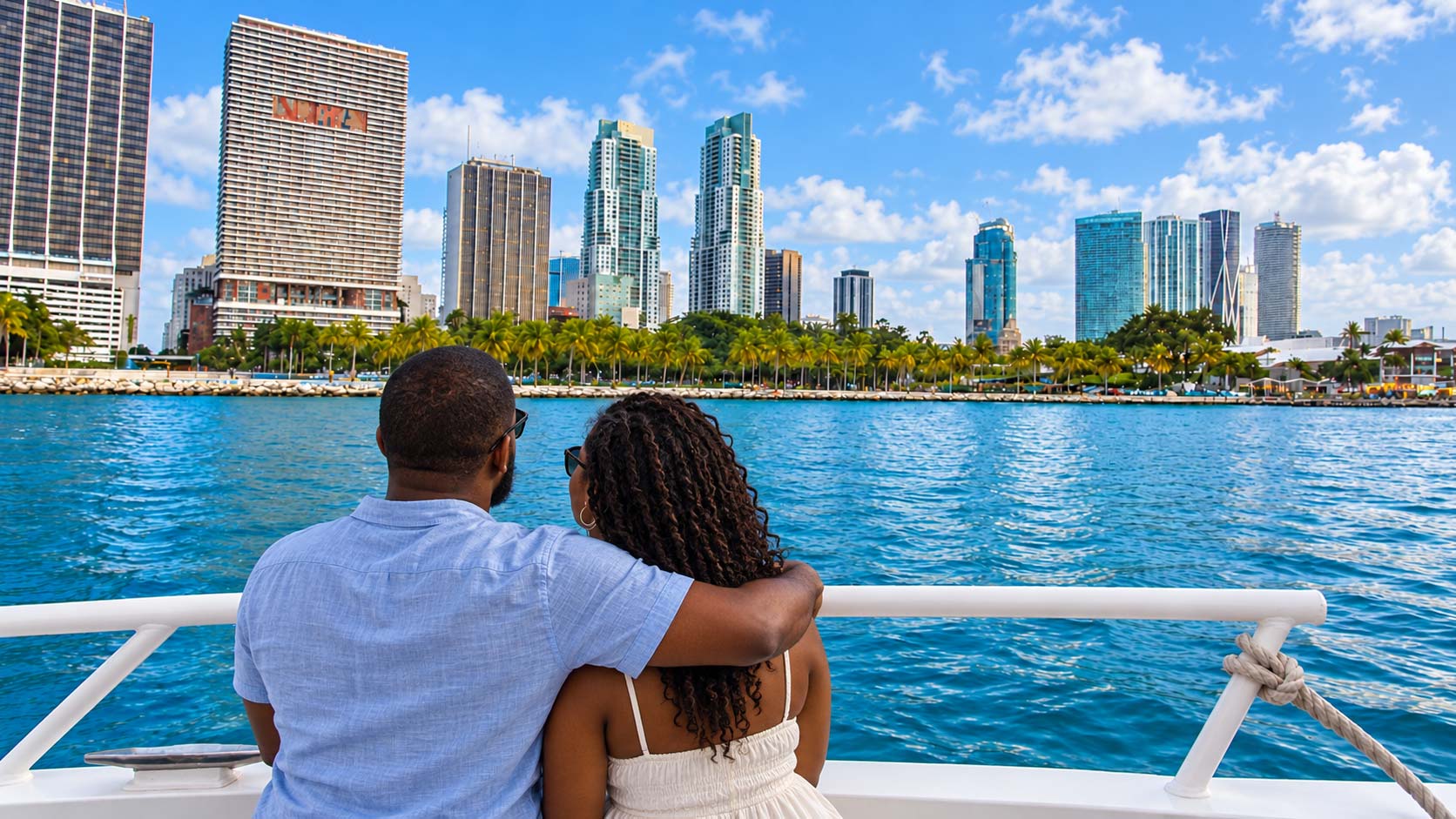 A couple embrace each other during a Miami Boat Tour.