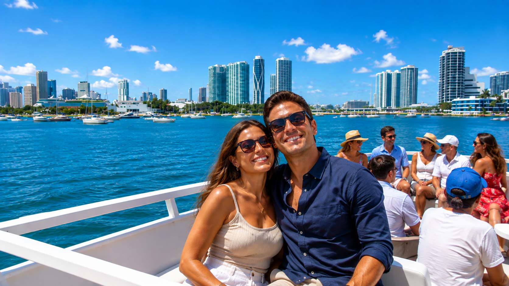 Sightseeing boat tour cruising on Biscayne Bay near downtown Miami